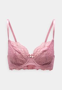 Rózsaszín csipkebrá, virágmintákkal, párnázott kosarakkal, selymes pántokkal, egy kis masnival a középen, és állítható horog- és szembezárással a háton.