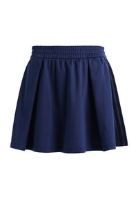 Marinblå skort med elastisk midjeband, veckad design och kontrasterande svarta sidsränder; tillverkad av ett lätt, texturerat tyg.