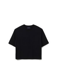 Zwarte, cropped t-shirt gemaakt van katoen. Heeft een ronde halslijn en korte mouwen. Soepele textuur, geen patronen of versieringen.