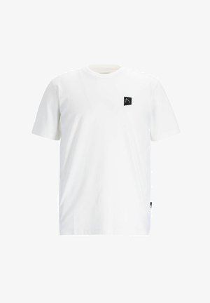 Bela bombažna majica s kratkimi rokavi, okroglim izrezom in majhnim črnim logotipom na zgornji levi strani.