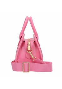 Roze leren handtas met gouden hardware, een bovenrits en een afneembare schouderband, voorzien van ronde hoeken en dubbele korte handvaten.