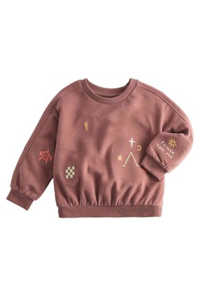 Støvrosa sweatshirt med ribkant ved ærmer og bund, dekoreret med små abstrakte symboler, en skildpadde og teksten "FOLLOW THE SUN" på ærmet.