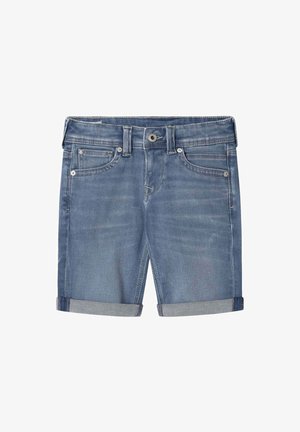 Heledad teksased kerge sinise värviga, veidi kulunud viimistlusega, nupuga sulgemine, viis taskut ja allapoole keeratud ääred kontrastsete detailidega.