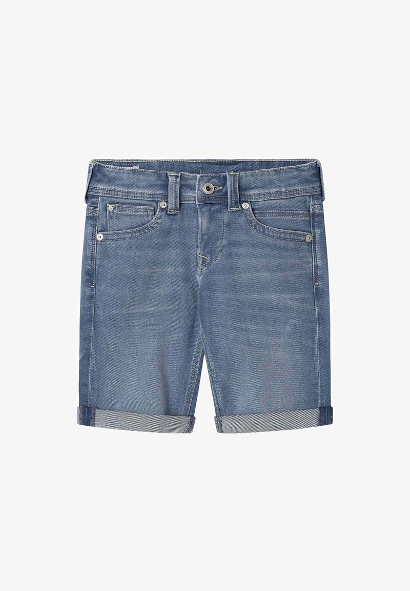 Džínové šortky svetlomodrej farby s mierne vyblednutým povrchom, s gombíkovým zapínaním, piatimi vreckami a vyhrnutými nohavicami s kontrastným detailom.