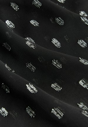 Black fabric with a smooth texture, featuring silver geometric patterns in a repeated design, creating a subtle sheen.