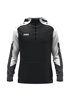 Zwart-witte sportsweater met lange mouwen, voorrits, buidelzak en JAKO-logo op de borst en schouders.