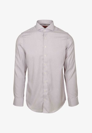 Lange mouwen, lichtgrijs knoopshirt van een textuurstof, met een klassieke kraag en een knoopsluiting aan de voorkant met een afgeronde zoom.