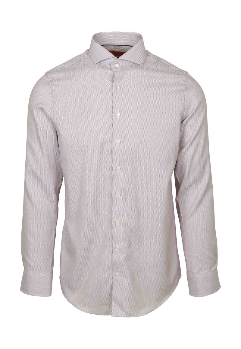 Lange mouwen, lichtgrijs knoopshirt van een textuurstof, met een klassieke kraag en een knoopsluiting aan de voorkant met een afgeronde zoom.