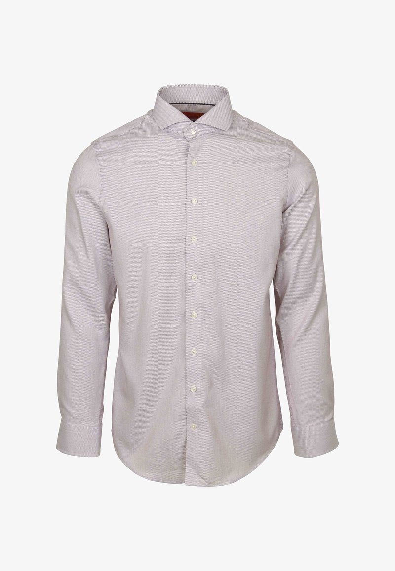 Lange mouwen, lichtgrijs knoopshirt van een textuurstof, met een klassieke kraag en een knoopsluiting aan de voorkant met een afgeronde zoom.