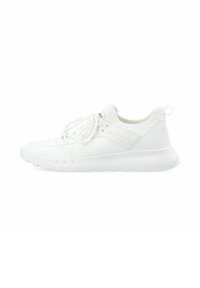 Weiße Sportschuhe mit einem atmungsaktiven Mesh-Obermaterial, strukturiertem Design, verstellbaren Schnürsenkeln und einer gepolsterten Sohle für Komfort und Flexibilität.