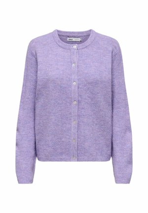 Lavender knit cardigan with a round neckline, long sleeves, and buttons down the front. Soft texture and ribbed detailing at cuffs and hem.