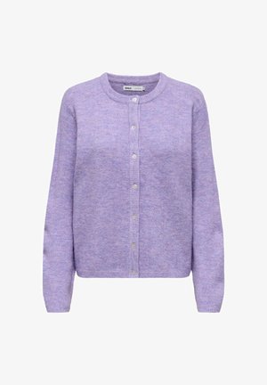 Lavender knit cardigan with a round neckline, long sleeves, and buttons down the front. Soft texture and ribbed detailing at cuffs and hem.