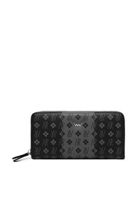 Black leather wallet with logo and floral pattern. Smooth texture, zip closure, and contrasting shades of black.  Long rectangular shape.