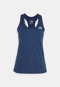 Navy blue athletic tank top made of lightweight fabric. Features a scoop neckline, racerback design, and white logo detail on the chest.