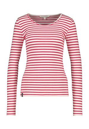 Langärmeliges weißes Hemd mit gleichmäßig verteilten horizontalen roten Streifen und einem runden Ausschnitt, vor einem schlichten Hintergrund dargestellt.