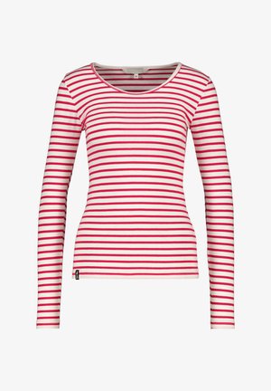 Langärmeliges weißes Hemd mit gleichmäßig verteilten horizontalen roten Streifen und einem runden Ausschnitt, vor einem schlichten Hintergrund dargestellt.