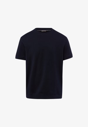 T-shirt blu navy a maniche corte con girocollo, orlo dritto e tessuto semplice e liscio.