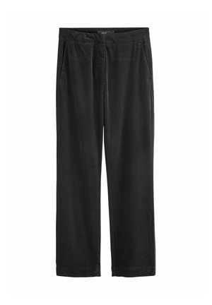 Black corduroy trousers with a relaxed fit, featuring side pockets and a wide leg design. The fabric has a soft texture and subtle ribbing.