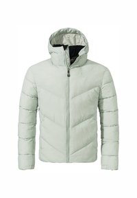 Hellgrüne Steppjacke mit Kapuze, ausgestattet mit einem Reißverschluss, gepolstertem Design und schwarzem Innenfutter, das Wärme und Komfort bietet.