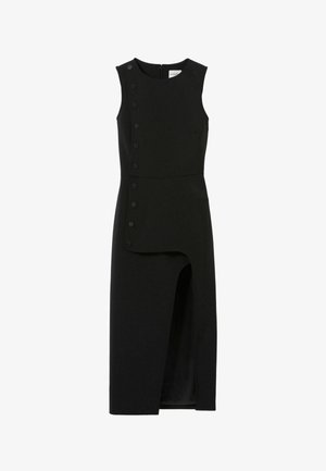 Robe sans manches noire avec une fente sur le côté, design asymétrique et grands boutons le long d'un côté. Tissu lisse avec une silhouette structurée.