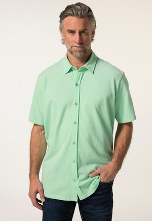 Uomo con capelli e barba grigi che indossa una camicia verde menta a maniche corte con bottoni, con una mano in tasca su uno sfondo semplice.