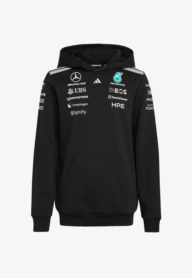 Sweat à capuche noir avec une poche avant, doté de logos sur la poitrine et les manches. Fabriqué en matériau doux avec une capuche à cordon de serrage et des poignets côtelés.