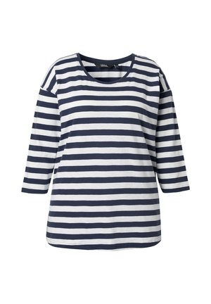 Maglietta a maniche lunghe a righe blu navy e bianche con scollatura rotonda e vestibilità ampia, caratterizzata da righe orizzontali di larghezze varie.