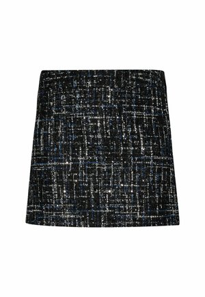 Schwarzer und blauer Tweedrock mit strukturiertem Gewebe, geradem Schnitt und kniehohem Design. Keine sichtbaren Beschläge oder Akzente.