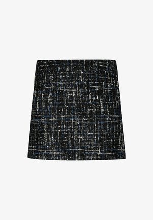 Gonna in tweed nera e blu con una trama testurizzata, taglio dritto e lunghezza sopra il ginocchio. Nessun hardware o dettaglio visibile.