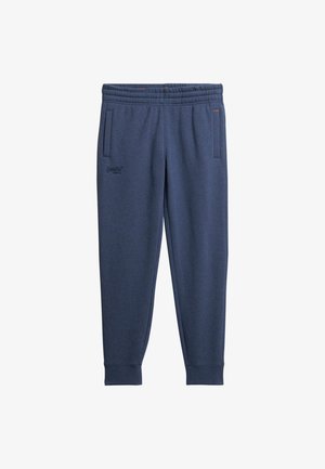 Mørkeblå joggebukser lavet af blødt stof, med elastisk talje, to sidelommer, manchetter ved anklerne og et logo på låret.