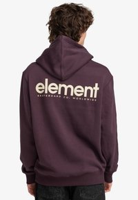 Persona con cabello rizado vistiendo una sudadera con capucha de color púrpura oscuro que lleva el texto "element Skateboard Co. Worldwide" en la parte posterior, combinada con jeans negros.