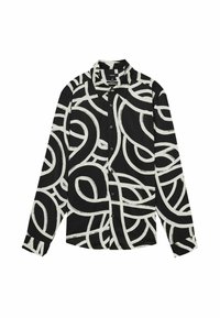 Camicia nera con bottoni, con motivo astratto bianco a spirale, maniche lunghe e colletto; tessuto morbido con texture a contrasto nei polsini.