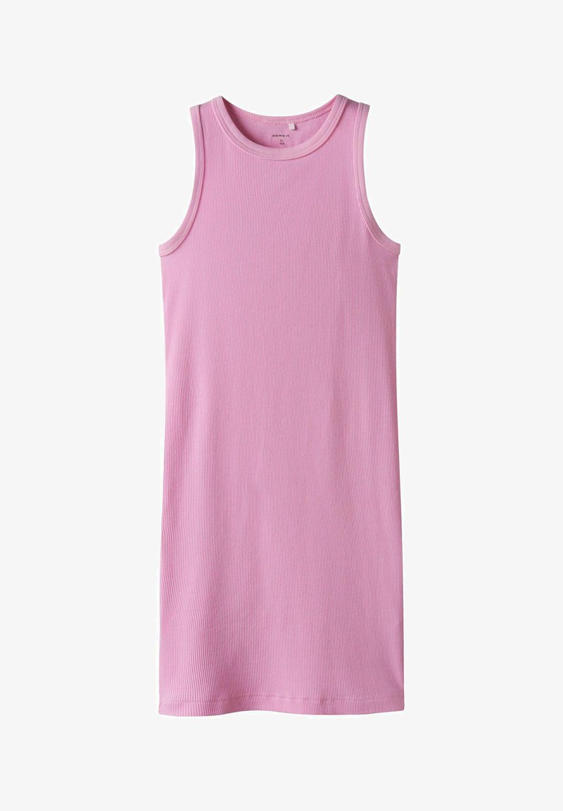Roosa tank kleit ribblikangast. Omab ümmargust kaelust ja varrukateta disaini. Sirge lõige ja põlvepikkune äär. Lihtne ja ühtlane värv.