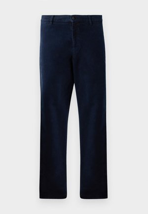 Pantalons bleu marine en tissu doux et texturé, avec une fermeture à bouton et une coupe droite, dotés de détails de couture subtils.