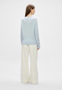 Světle modrý pletený svetr s dlouhými rukávy, pružným lemem a malým černým akcentem na zadní straně, doplněný krémovými kalhotami s širokými nohavicemi.