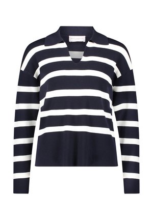 Pull-over rayé bleu marine et blanc avec col et encolure en V. Confectionné en tissu tricoté avec une coupe décontractée et des manches longues.