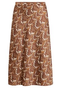 Brun midikjol med ett mönster av ormskinn i olika nyanser av brunt och vitt. Elastisk midjeresår och mjuk tygtextur.