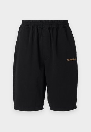 Sorte bomullsshorts med elastisk midje, rett snitt og sidelommer. Har "No Problemo" brodert i oransje på forsiden.