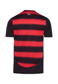 Schwarzes kurzärmliges Trikot mit horizontalen roten Streifen. Rundhalsausschnitt, leichtes Material, mit einem Logo auf dem oberen Rücken.
