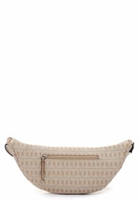 Borsetta a vita in tessuto beige con motivo ripetuto a "T", tasca frontale con cerniera e tracolla regolabile con fibbia nera.