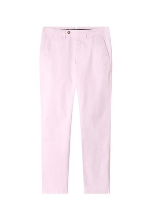 Pantaloni in cotone rosa chiaro con una vestibilità dritta, dotati di tasche laterali, un bottone frontale singolo e passanti per la cintura.