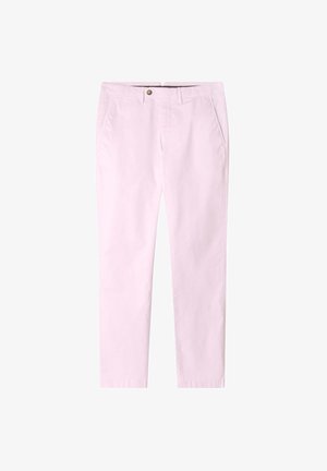 Lichtroze katoenen broek met een rechte pijpontwerp, voorzien van zijzakken, een enkele knop aan de voorkant en riemlussen.