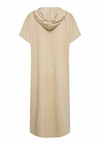 Beige huvtröja med korta ärmar, mjukt tyg, knälång design och en enkel skärning, med en avslappnad passform utan extra detaljer.