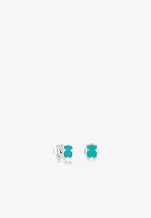 Silver stud earrings shaped like teddy bears with turquoise enamel filling, shown against a white background.