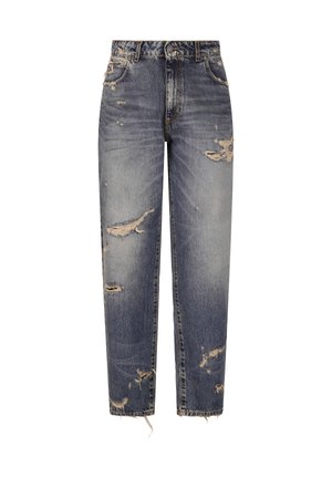 Jeans a vita alta blu sbiadito con taglio a gamba dritta, numerosi strappi consumati e orli sfrangiati, con bottoni e tasche anteriori visibili.