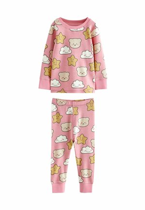 Rosanes Baumwoll-Schlafanzugset mit langen Ärmeln und Hosen, verziert mit lächelnden Bären, Sternen und Wolken in verspielten Mustern.