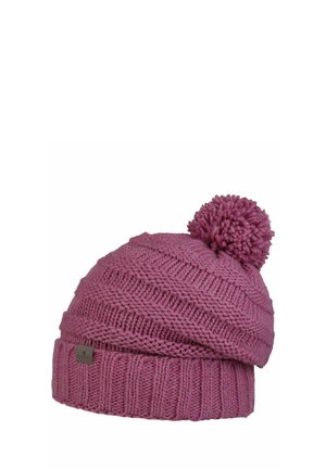 Knitted pink beanie hat with ribbed cuff and pom-pom on top, featuring a small fabric brand tag on the cuff.