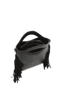 Sac à main en cuir noir avec des accents en franges, doté d'une fermeture zippée en haut et d'un intérieur doux. Forme structurée et double anses.