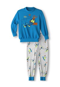 Blauwe sweatshirt met skitekening en manchetten; grijze broek versierd met kleurrijke ski- en snowboardpatronen, elastische taille en manchetten.