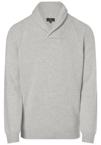 Pull léger gris avec un col châle, des détails texturés aux épaules, des poignets et un ourlet côtelés, fabriqué en matériau tricoté doux.